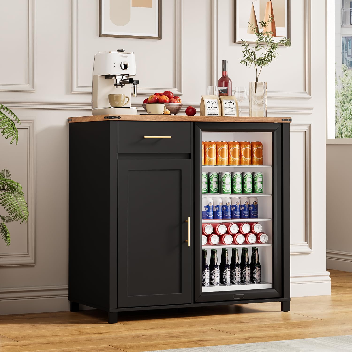 Home Bar Shelves - ตู้บาร์กาแฟขนาด 39 นิ้ว พร้อมพื้นที่สำหรับตู้เย็น, ตู้เก็บของพร้อมเต้าเสียบไฟและพอร์ต USB,