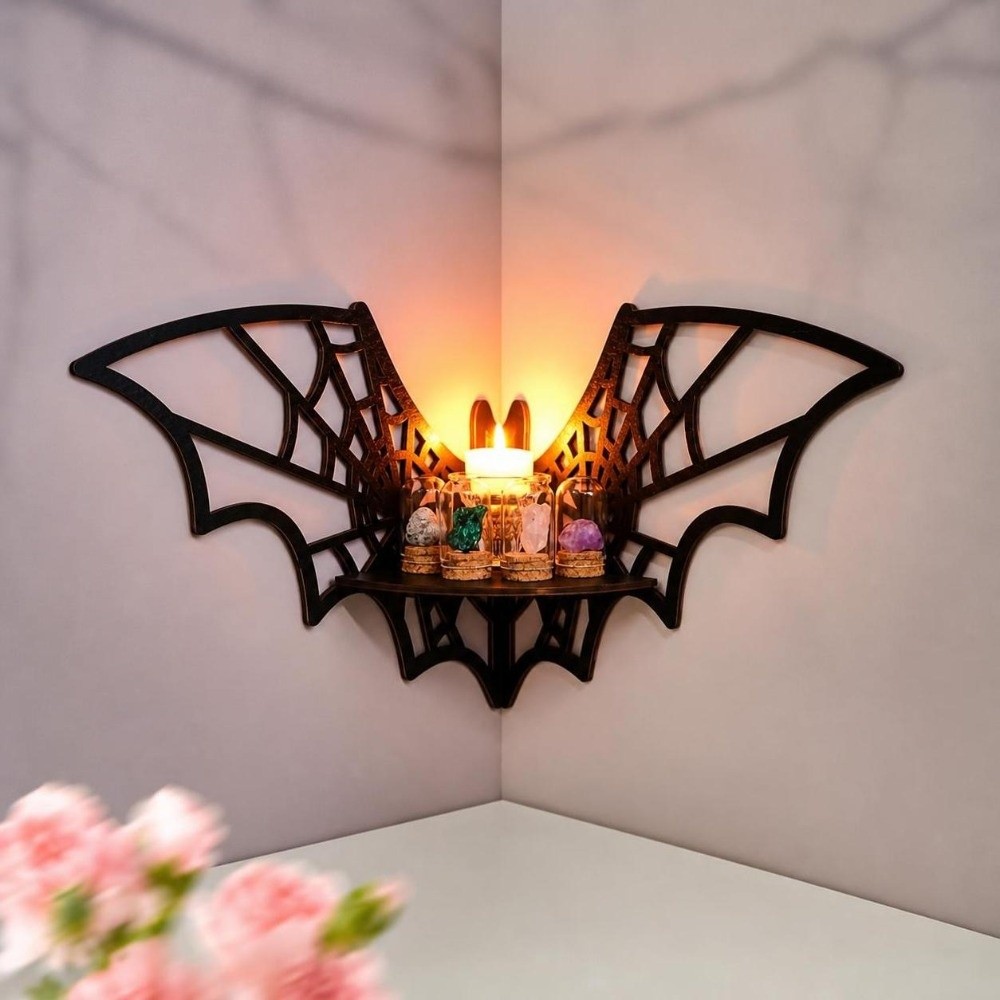 Home Bar Shelf - ชั้นวางของติดผนังแบบลอยตัวลายไม้โปร่ง รูปทรงค้างคาวสีดำ ดีไซน์สร้างสรรค์ สำหรับใช้ในร่ม