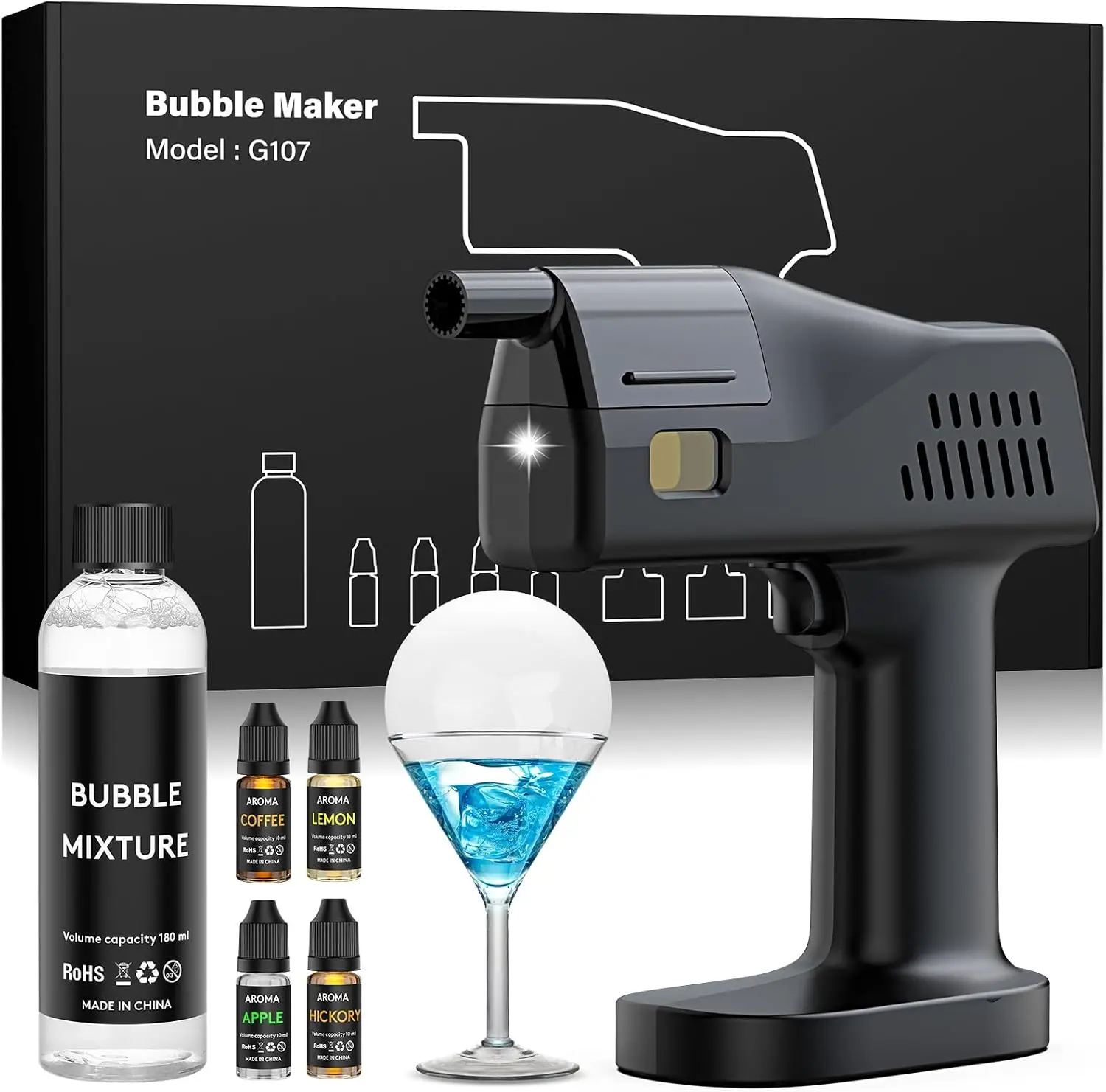 Smoking Gun Kit - ชุดปืนพ่นควันและฟองสบู่สำหรับค็อกเทลไฟฟ้า | เครื่องสร้างกลิ่นหอม, น้ำมัน 4 กลิ่น